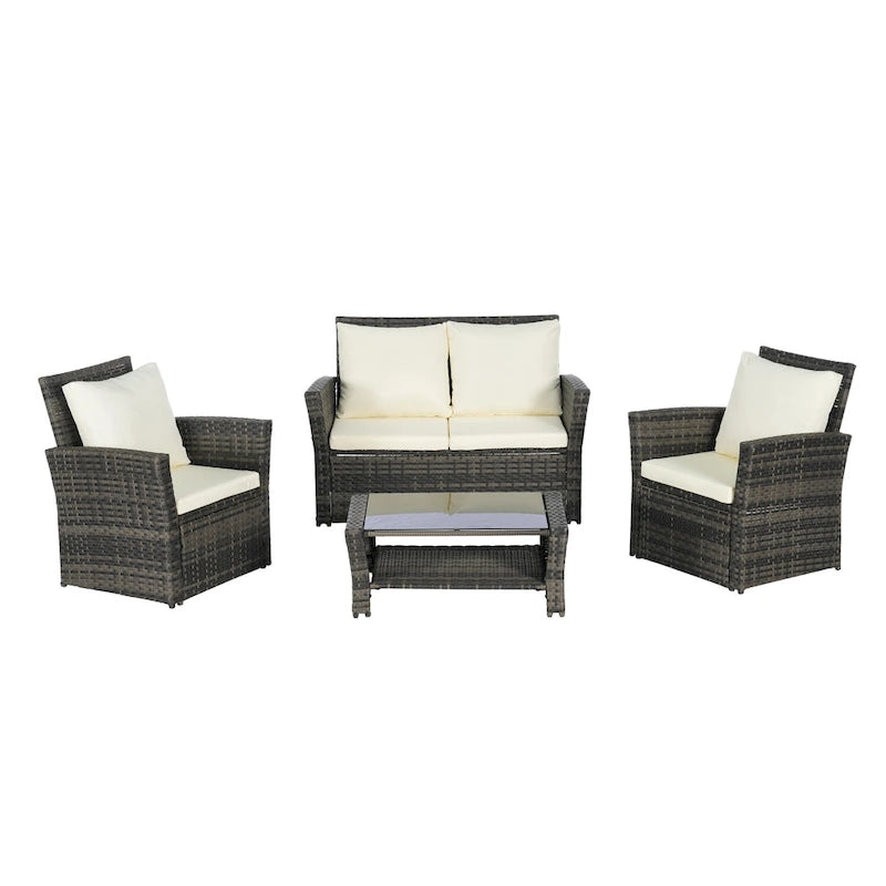 Ensemble de mobilier de patio 4 pièces, ensemble de canapés d'extérieur en rotin avec coussins résistants à l'eau et table basse en verre trempé