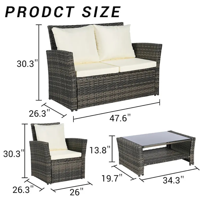 Ensemble de mobilier de patio 4 pièces, ensemble de canapés d'extérieur en rotin avec coussins résistants à l'eau et table basse en verre trempé