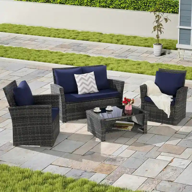 Ensemble de mobilier de patio 4 pièces, ensemble de canapés d'extérieur en rotin avec coussins résistants à l'eau et table basse en verre trempé