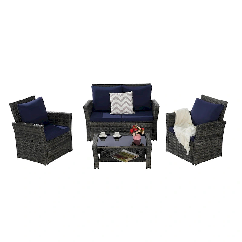 Ensemble de mobilier de patio 4 pièces, ensemble de canapés d'extérieur en rotin avec coussins résistants à l'eau et table basse en verre trempé