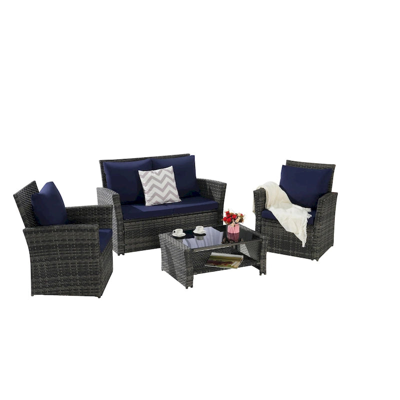 Ensemble de mobilier de patio 4 pièces, ensemble de canapés d'extérieur en rotin avec coussins résistants à l'eau et table basse en verre trempé