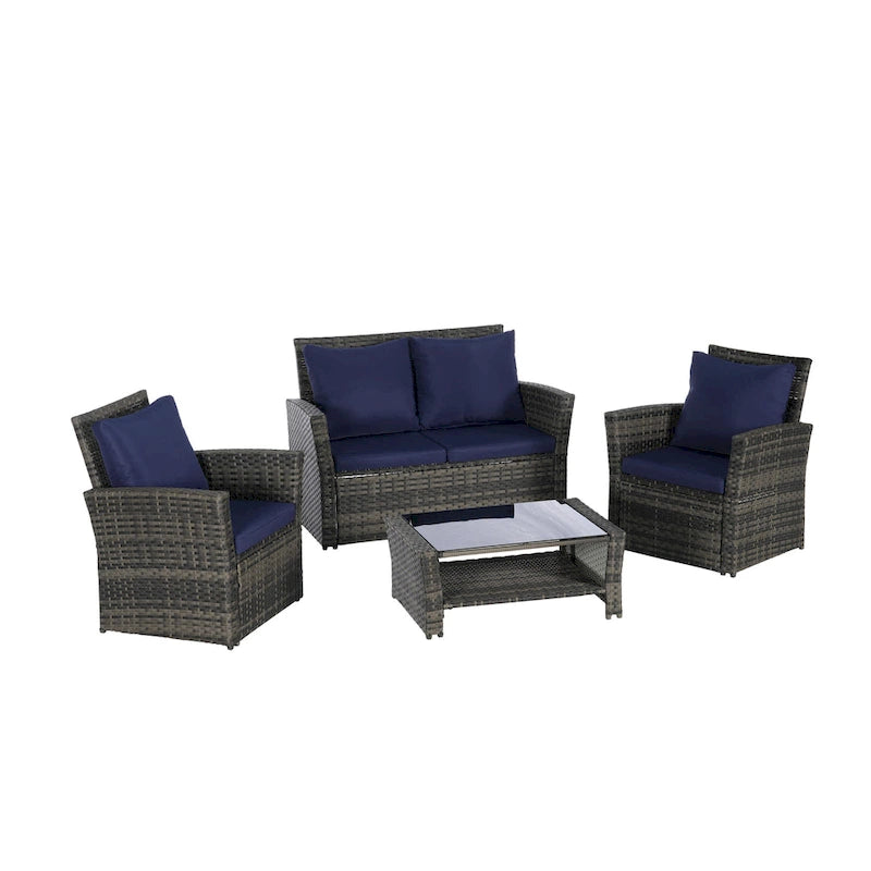 Ensemble de mobilier de patio 4 pièces, ensemble de canapés d'extérieur en rotin avec coussins résistants à l'eau et table basse en verre trempé