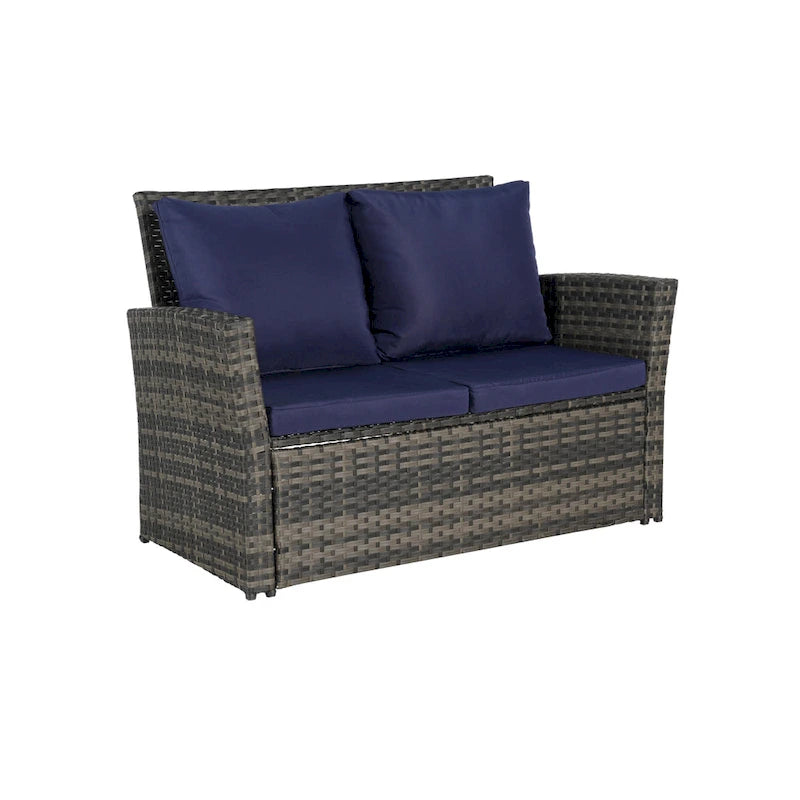 Ensemble de mobilier de patio 4 pièces, ensemble de canapés d'extérieur en rotin avec coussins résistants à l'eau et table basse en verre trempé
