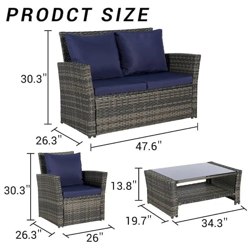 Ensemble de mobilier de patio 4 pièces, ensemble de canapés d'extérieur en rotin avec coussins résistants à l'eau et table basse en verre trempé