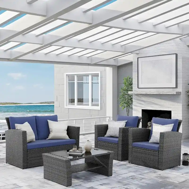 Ensemble de meubles de patio en osier 4 pièces, ensemble de canapés modulables d'extérieur en rotin avec table basse en verre trempé et coussins