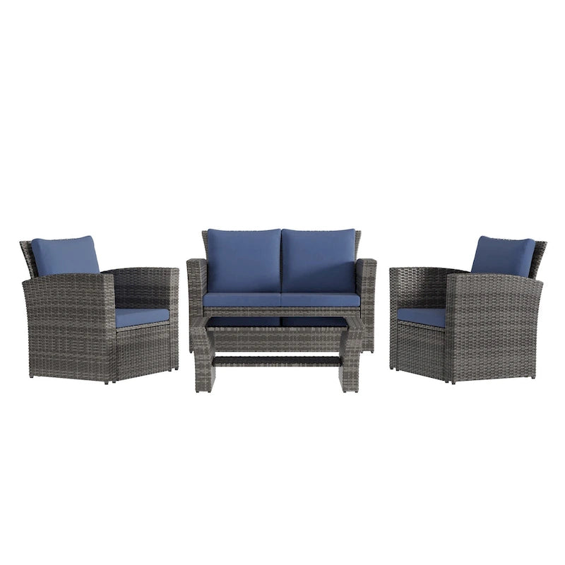 Ensemble de meubles de patio en osier 4 pièces, ensemble de canapés modulables d'extérieur en rotin avec table basse en verre trempé et coussins