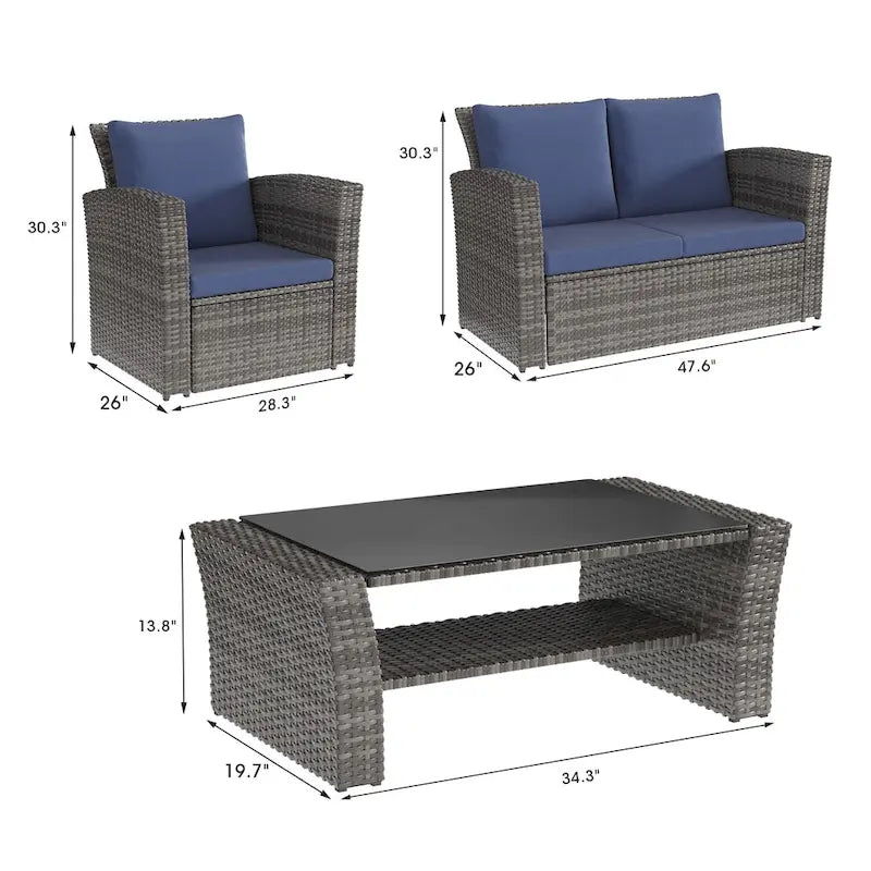 Ensemble de meubles de patio en osier 4 pièces, ensemble de canapés modulables d'extérieur en rotin avec table basse en verre trempé et coussins