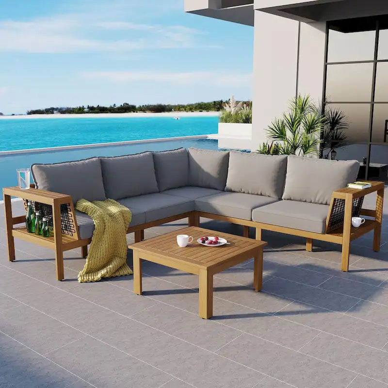 Ensemble de mobilier de patio extérieur 4 pièces, ensemble de canapé de patio en bois d'acacia en forme de L avec table basse et accoudoirs en maille tissée