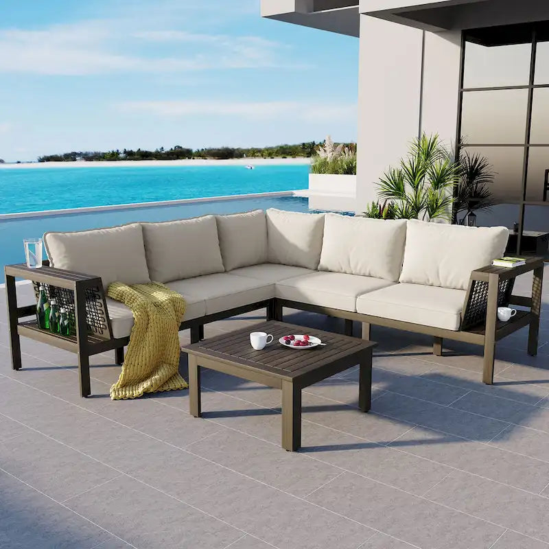4 Piece Outdoor Patio Furniture Set, Patio L-Shaped Acacia Wood Sofa Set with Coffee Table and Woven Mesh Armrests