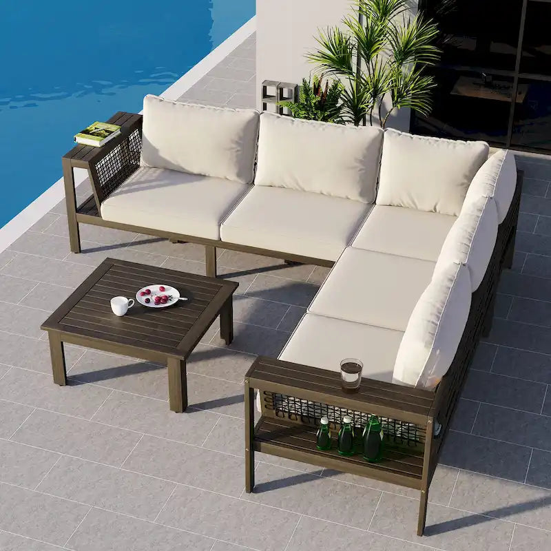 Ensemble de mobilier de patio extérieur 4 pièces, ensemble de canapé de patio en bois d'acacia en forme de L avec table basse et accoudoirs en maille tissée