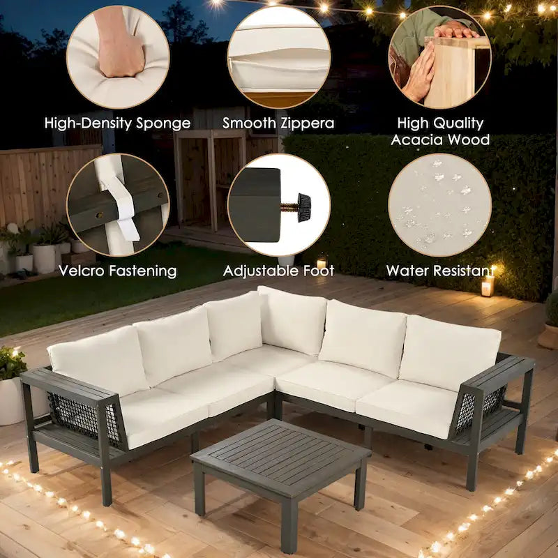 Ensemble de mobilier de patio extérieur 4 pièces, ensemble de canapé de patio en bois d'acacia en forme de L avec table basse et accoudoirs en maille tissée