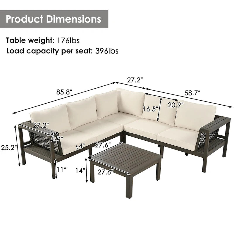 Ensemble de mobilier de patio extérieur 4 pièces, ensemble de canapé de patio en bois d'acacia en forme de L avec table basse et accoudoirs en maille tissée