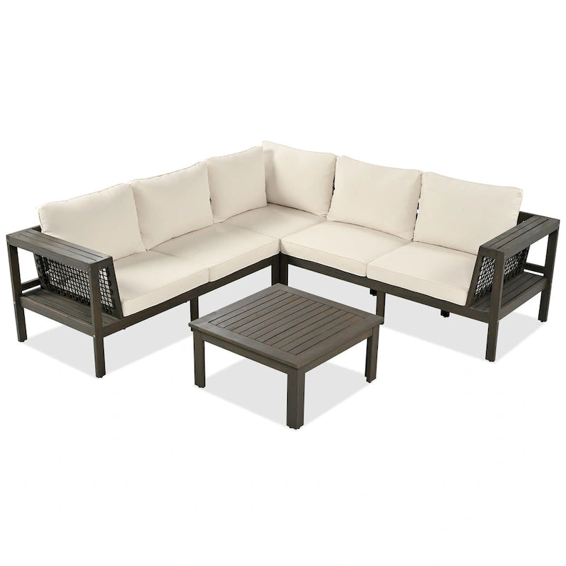Ensemble de mobilier de patio extérieur 4 pièces, ensemble de canapé de patio en bois d'acacia en forme de L avec table basse et accoudoirs en maille tissée