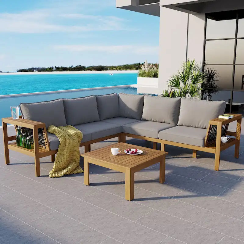 Ensemble de mobilier de patio extérieur 4 pièces, ensemble de canapé de patio en bois d'acacia en forme de L avec table basse et accoudoirs en maille tissée