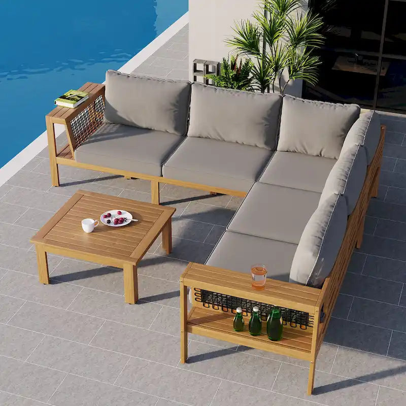 Ensemble de mobilier de patio extérieur 4 pièces, ensemble de canapé de patio en bois d'acacia en forme de L avec table basse et accoudoirs en maille tissée