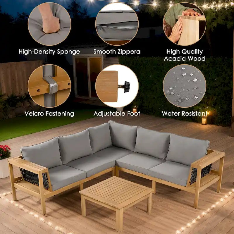 Ensemble de mobilier de patio extérieur 4 pièces, ensemble de canapé de patio en bois d'acacia en forme de L avec table basse et accoudoirs en maille tissée