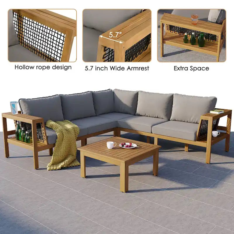Ensemble de mobilier de patio extérieur 4 pièces, ensemble de canapé de patio en bois d'acacia en forme de L avec table basse et accoudoirs en maille tissée