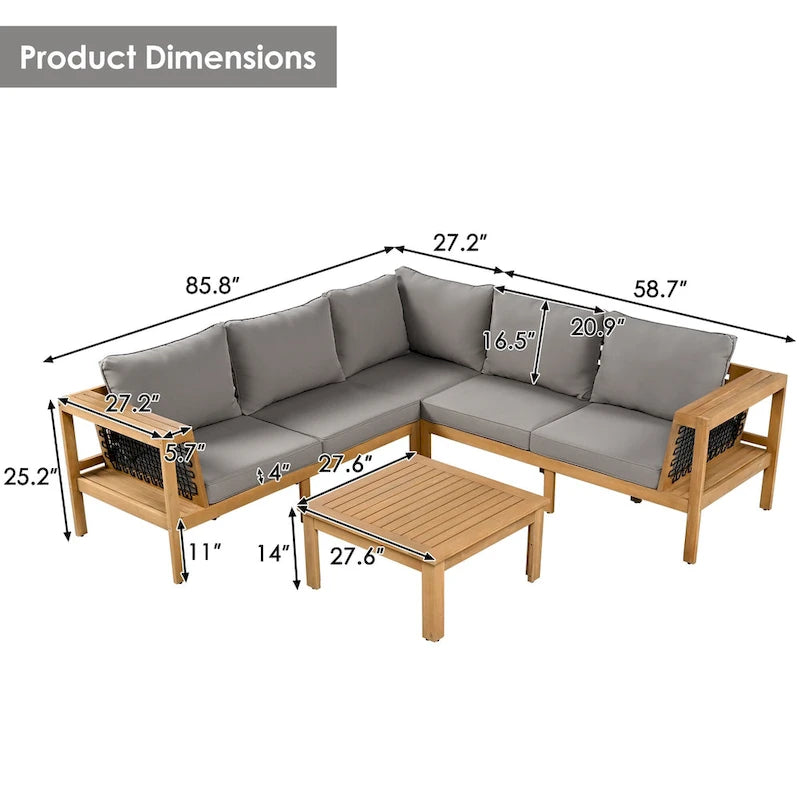 Ensemble de mobilier de patio extérieur 4 pièces, ensemble de canapé de patio en bois d'acacia en forme de L avec table basse et accoudoirs en maille tissée