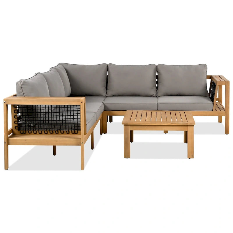 Ensemble de mobilier de patio extérieur 4 pièces, ensemble de canapé de patio en bois d'acacia en forme de L avec table basse et accoudoirs en maille tissée