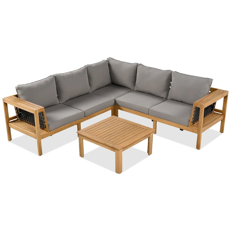 Ensemble de mobilier de patio extérieur 4 pièces, ensemble de canapé de patio en bois d'acacia en forme de L avec table basse et accoudoirs en maille tissée