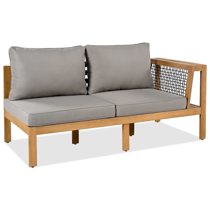 Ensemble de mobilier de patio extérieur 4 pièces, ensemble de canapé de patio en bois d'acacia en forme de L avec table basse et accoudoirs en maille tissée
