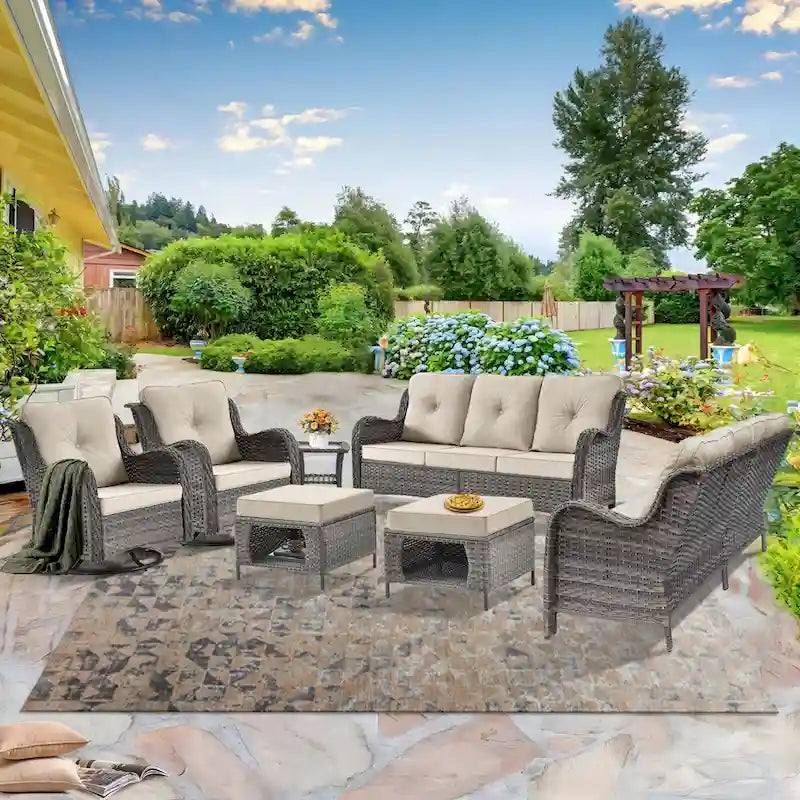 Mobilier d'extérieur - Ensemble de patio 7 pièces avec chaise berçante pivotante