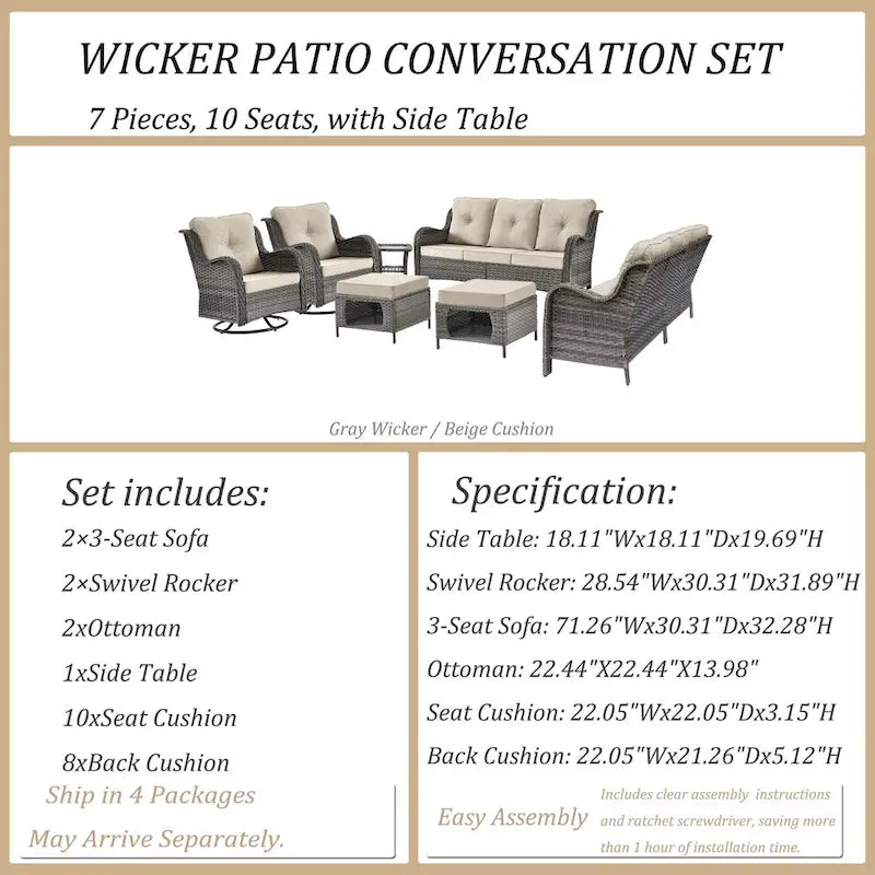 Mobilier d'extérieur - Ensemble de patio 7 pièces avec chaise berçante pivotante