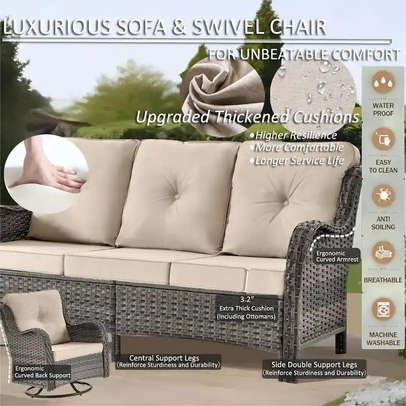 Mobilier d'extérieur - Ensemble de patio 7 pièces avec chaise berçante pivotante
