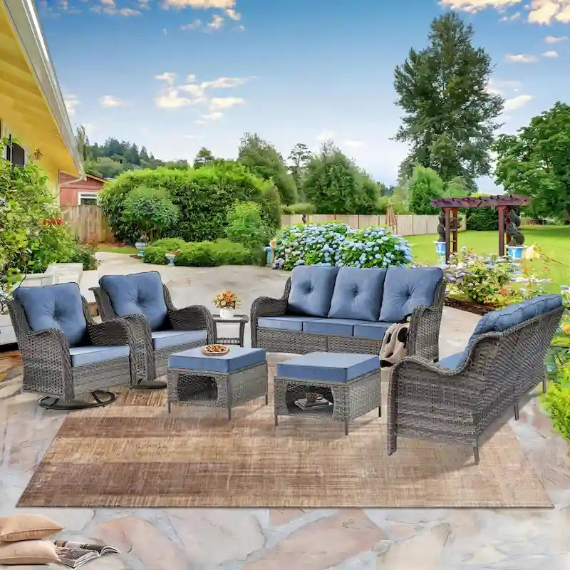 Mobilier d'extérieur - Ensemble de patio 7 pièces avec chaise berçante pivotante