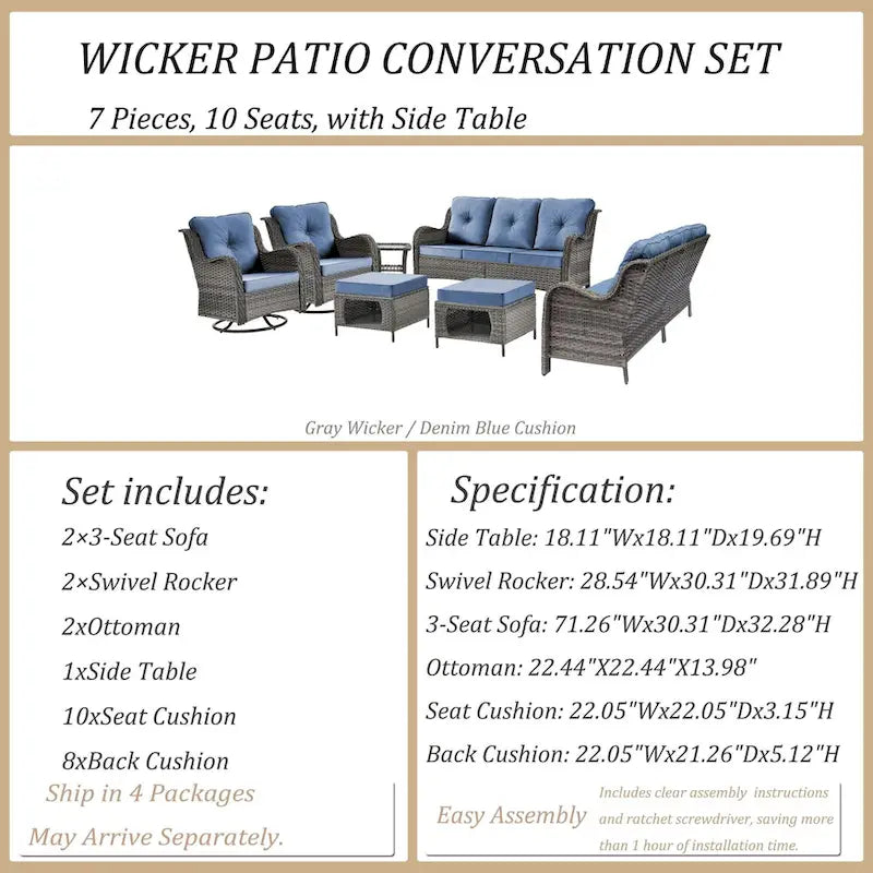 Mobilier d'extérieur - Ensemble de patio 7 pièces avec chaise berçante pivotante