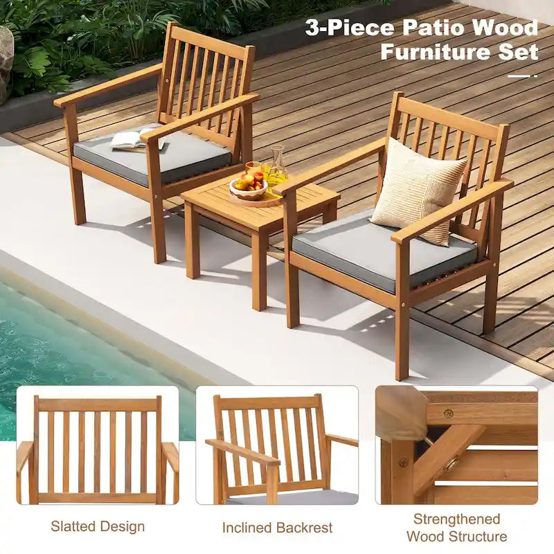 Costway Ensemble de Meubles de Patio 3 pièces Chaises et Table Basse en Bois d'Acacia - Voir les Détails
