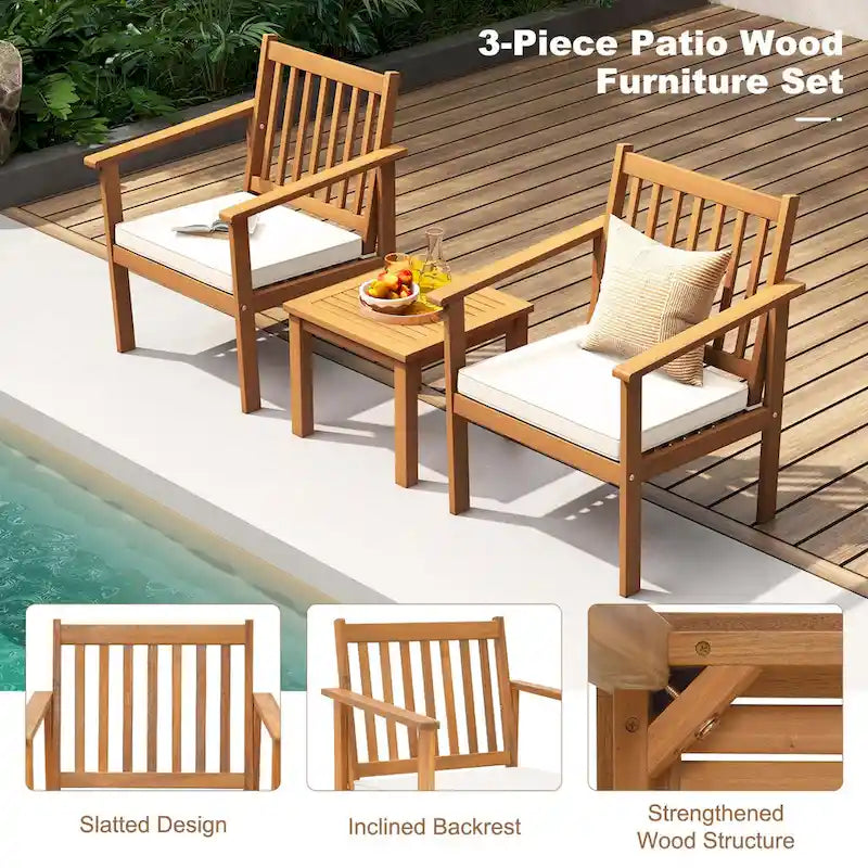 Costway Ensemble de Meubles de Patio 3 pièces Chaises et Table Basse en Bois d'Acacia - Voir les Détails