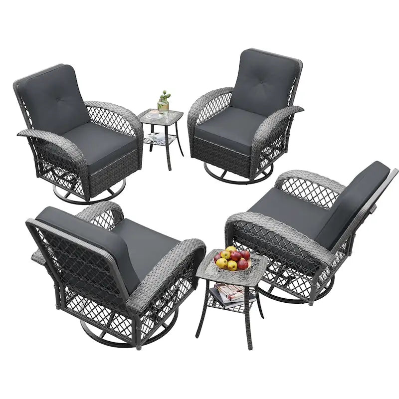 Ensemble de 6 chaises pivotantes à bascule en osier pour l'extérieur UPHA avec table d'appoint et coussins
