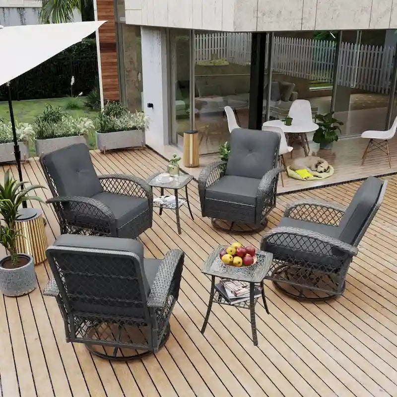 Ensemble de 6 chaises pivotantes à bascule en osier pour l'extérieur UPHA avec table d'appoint et coussins