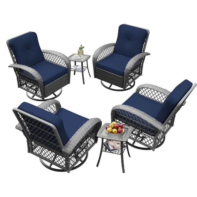 Ensemble de 6 chaises pivotantes à bascule en osier pour l'extérieur UPHA avec table d'appoint et coussins