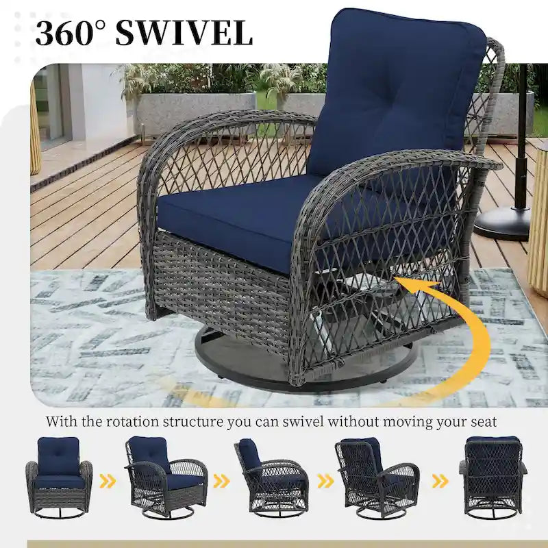 Ensemble de 6 chaises pivotantes à bascule en osier pour l'extérieur UPHA avec table d'appoint et coussins