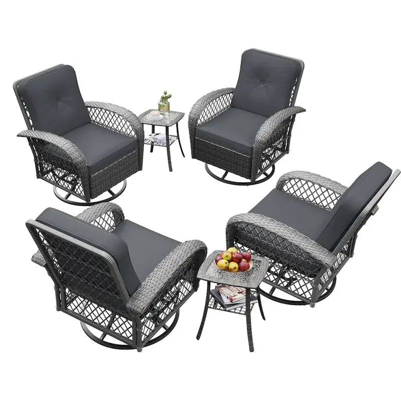 Ensemble de 6 chaises pivotantes à bascule en osier pour l'extérieur UPHA avec table d'appoint et coussins