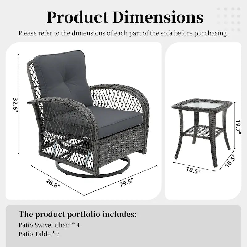 Ensemble de 6 chaises pivotantes à bascule en osier pour l'extérieur UPHA avec table d'appoint et coussins