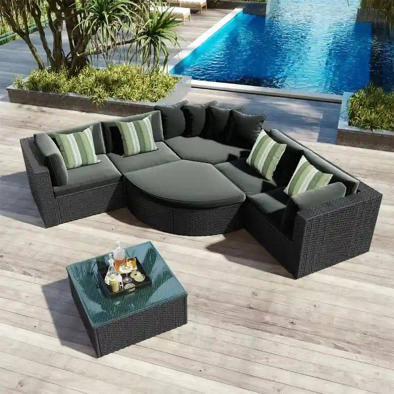 Ensemble de mobilier de jardin 7 pièces, salon de jardin en osier tressé, canapé-lit en rotin avec table basse, pouf et coussins colorés