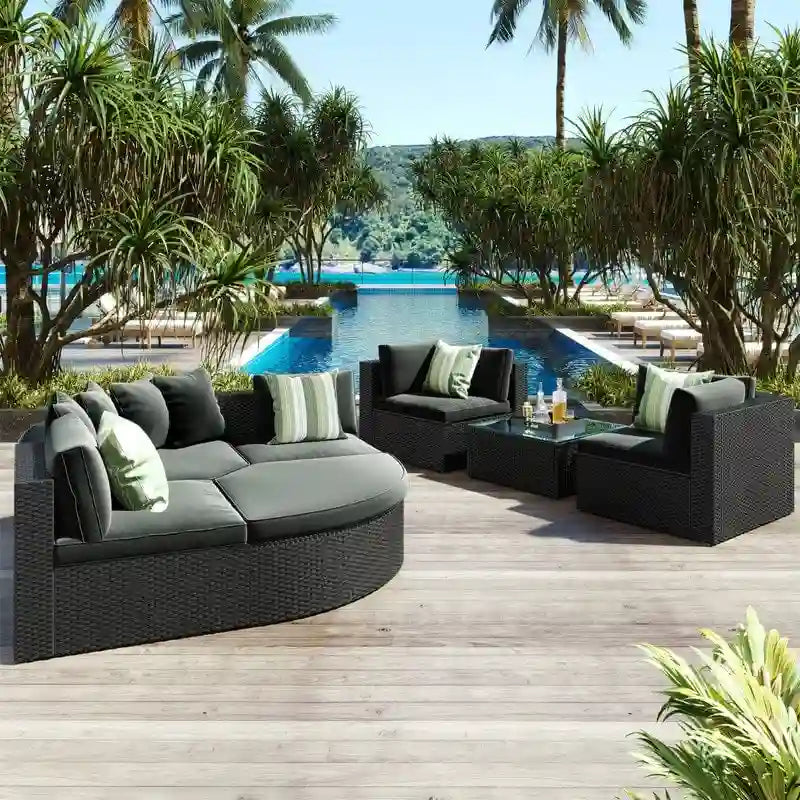 Ensemble de mobilier de jardin 7 pièces, salon de jardin en osier tressé, canapé-lit en rotin avec table basse, pouf et coussins colorés