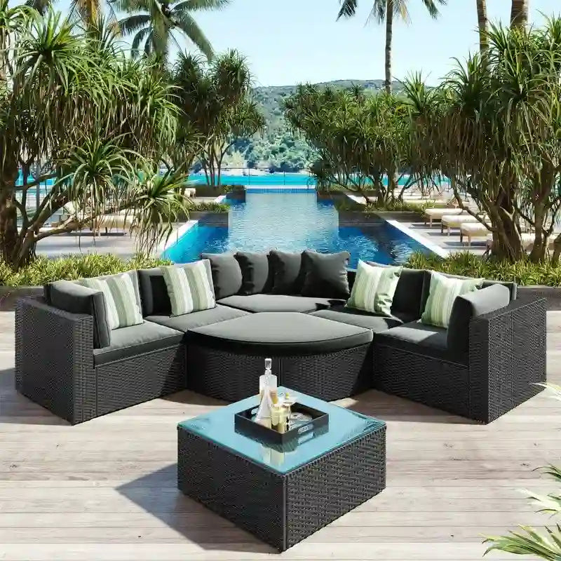 Ensemble de mobilier de jardin 7 pièces, salon de jardin en osier tressé, canapé-lit en rotin avec table basse, pouf et coussins colorés
