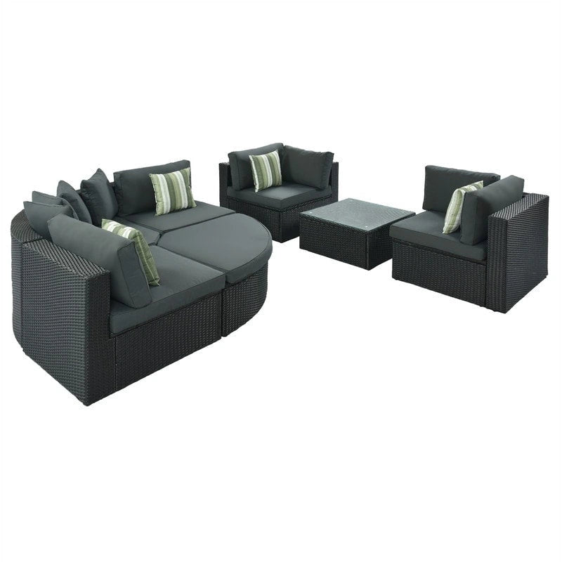 Ensemble de mobilier de jardin 7 pièces, salon de jardin en osier tressé, canapé-lit en rotin avec table basse, pouf et coussins colorés