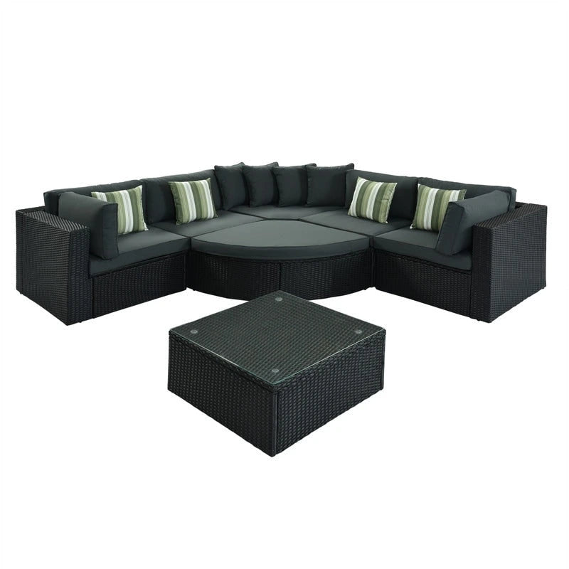 Ensemble de mobilier de jardin 7 pièces, salon de jardin en osier tressé, canapé-lit en rotin avec table basse, pouf et coussins colorés