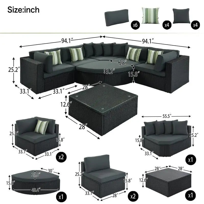 Ensemble de mobilier de jardin 7 pièces, salon de jardin en osier tressé, canapé-lit en rotin avec table basse, pouf et coussins colorés
