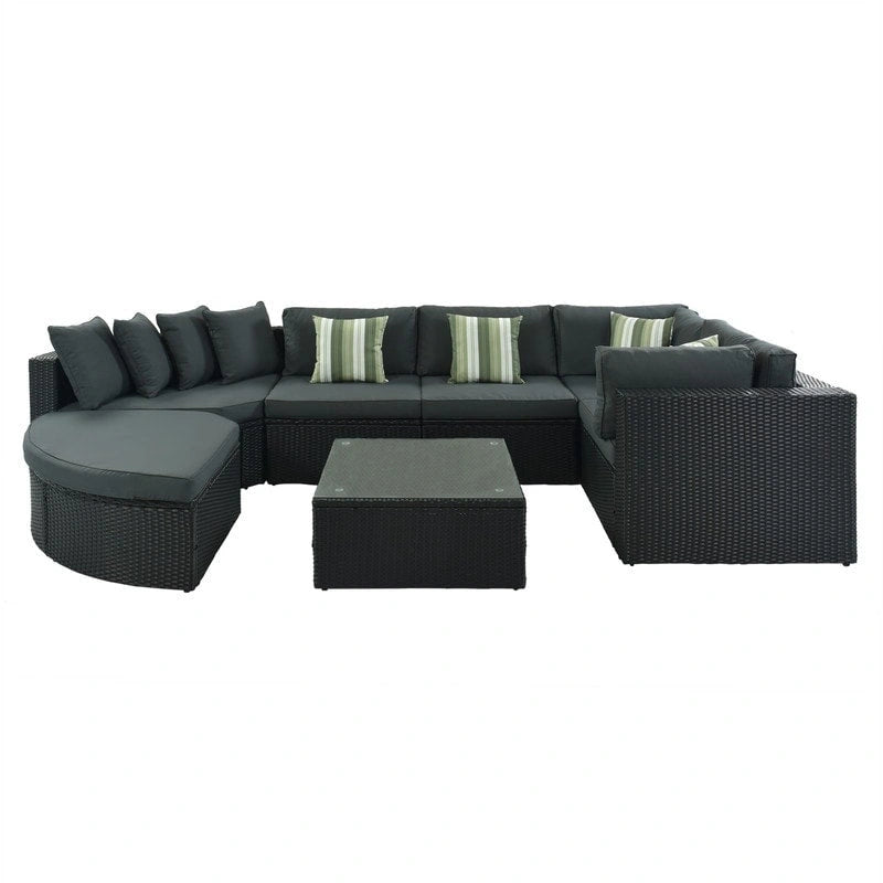 Ensemble de mobilier de jardin 7 pièces, salon de jardin en osier tressé, canapé-lit en rotin avec table basse, pouf et coussins colorés