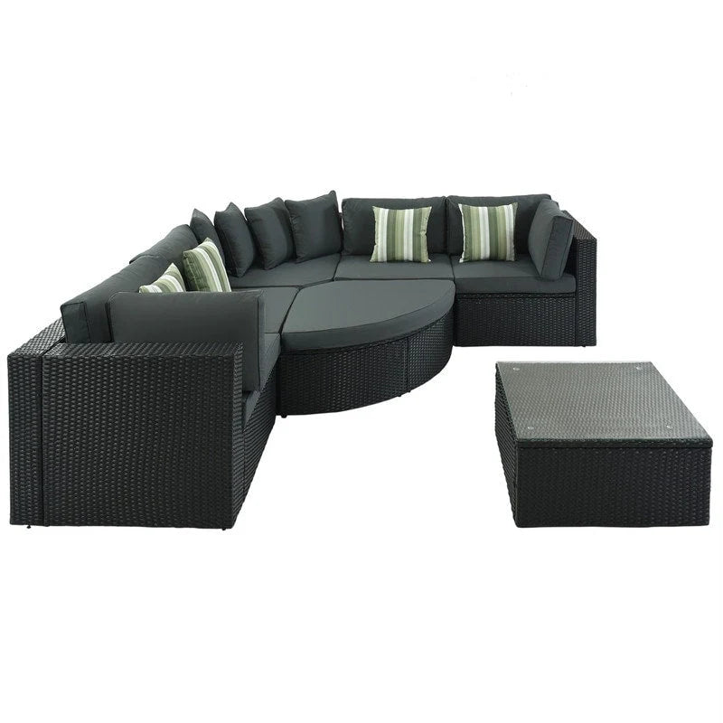 Ensemble de mobilier de jardin 7 pièces, salon de jardin en osier tressé, canapé-lit en rotin avec table basse, pouf et coussins colorés