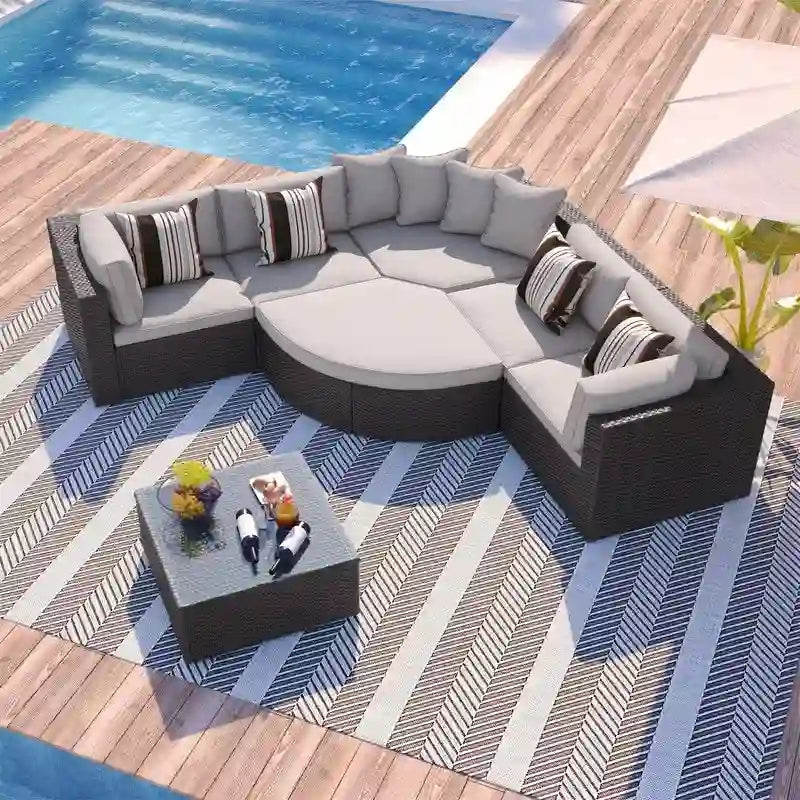 Ensemble de mobilier de jardin 7 pièces, salon de jardin en osier tressé, canapé-lit en rotin avec table basse, pouf et coussins colorés