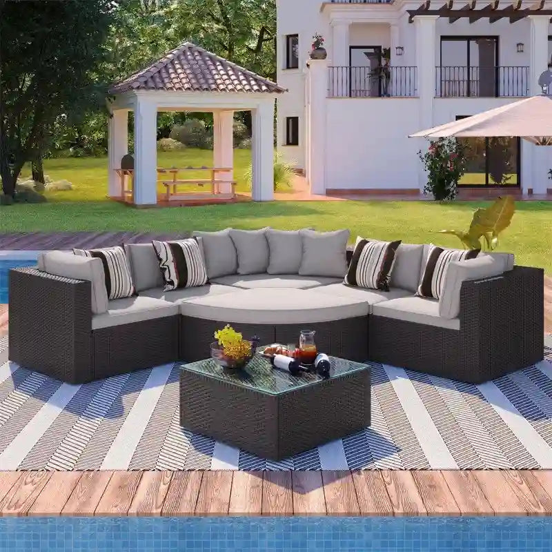 Ensemble de mobilier de jardin 7 pièces, salon de jardin en osier tressé, canapé-lit en rotin avec table basse, pouf et coussins colorés