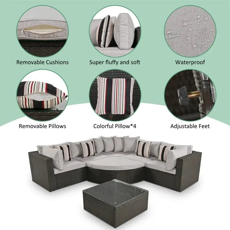 Ensemble de mobilier de jardin 7 pièces, salon de jardin en osier tressé, canapé-lit en rotin avec table basse, pouf et coussins colorés