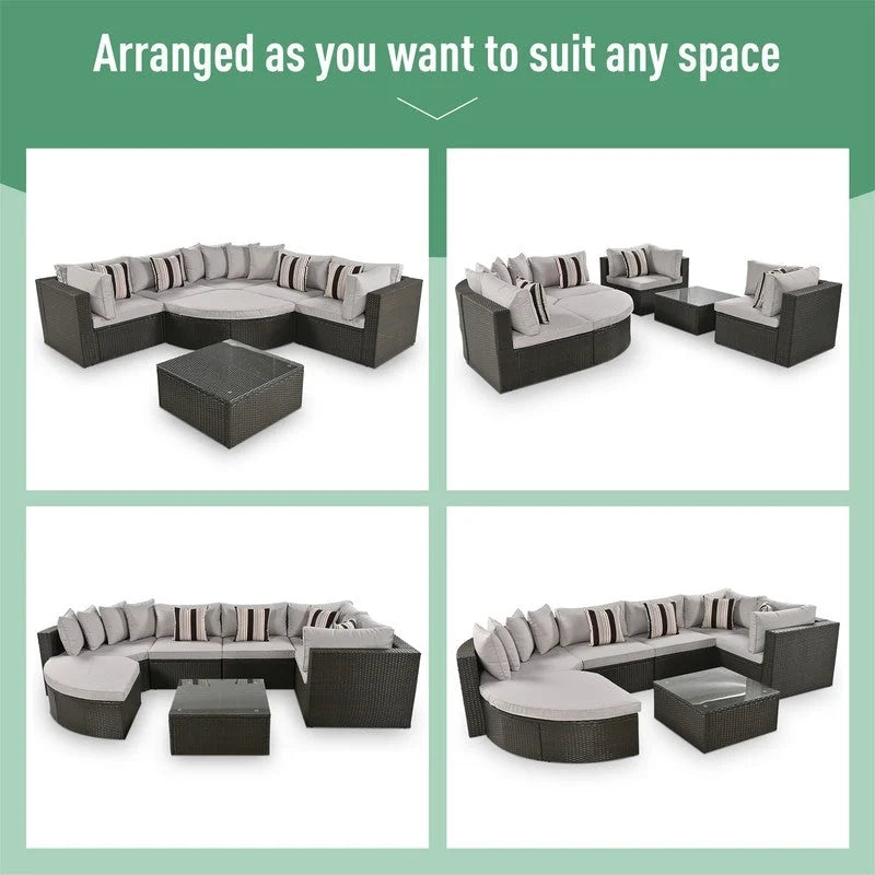 Ensemble de mobilier de jardin 7 pièces, salon de jardin en osier tressé, canapé-lit en rotin avec table basse, pouf et coussins colorés